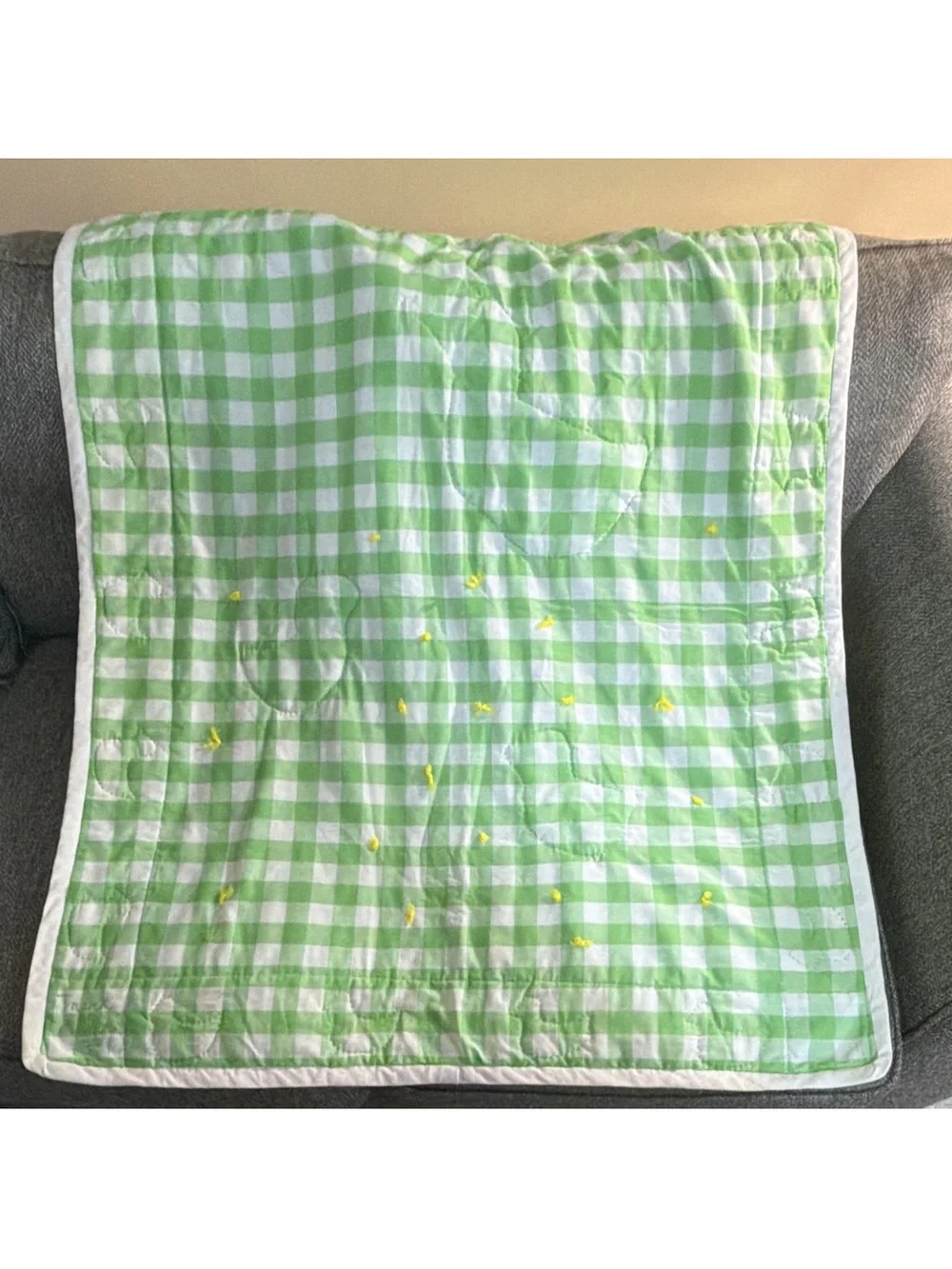 Vintage Handmade Crib Quilt Green & White Gingham Duck Appliqué Quilted 1991